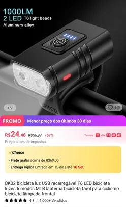 BK02 bicicleta luz USB recarregável T6 LED bicicleta luzes 6 modos MTB lantern