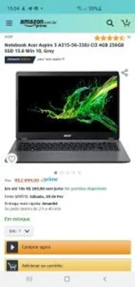 Notebook Acer Aspire 3 A315-56-330J Ci3 4GB 256GB SSD 15.6 WIN 10 | R$2.899