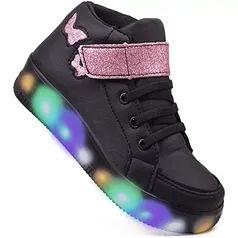 Tenis Feminino Botinha De Led Velcro Borboleta Glitter Brilho Cor: Preto ( 21 ao 34  )