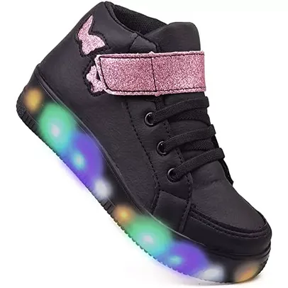 Tenis Feminino Botinha De Led Velcro Borboleta Glitter Brilho Cor: Preto ( 21 ao 34  )