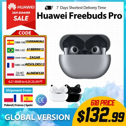 Fone de Ouvido Huawei Freebuds Pro com cancelamento ativo de ruído - Versão Global | R$577