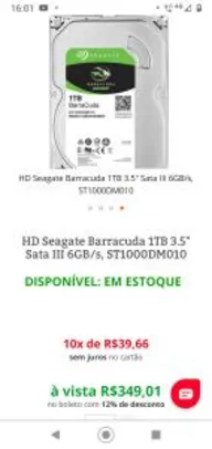 HD SEAGATE BARRACUDA 1TB 3.5" SATA III 6GB/S, ST1000DM010 R$ 349