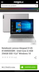 Notebook Lenovo Ideapad S145 81XM0005BR - Intel Core i3 4GB 256GB SSD 15,6” Windows 10 | R$ 2.754