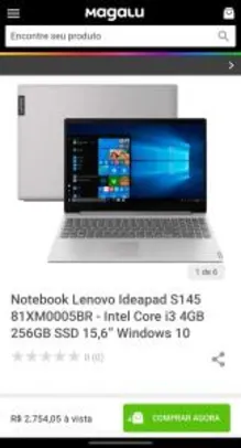 Notebook Lenovo Ideapad S145 81XM0005BR - Intel Core i3 4GB 256GB SSD 15,6” Windows 10 | R$ 2.754