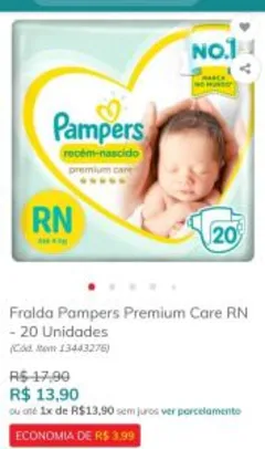 Fralda Pampers Premium Care RN - 20 Unidades | R$14