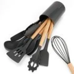 Jogo Kit Com 12 Peças Utensílios De Cozinha Colheres Espatulas Pegador Silicone Copo Suporte