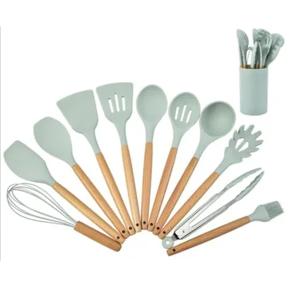 Kit 12 Utensílios De Cozinha Em Silicone E Cabo De Madeira Jogo De Utensílios Resistente ao Calor