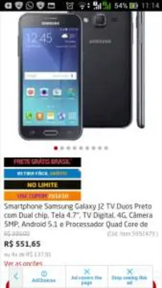 [POnto Frio]Smartphone Samsung Galaxy J2 TV Duos Preto com Dual chip, Tela 4.7", TV Digital, 4G, Câmera 5MP Por R$ 617