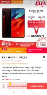 [DIA 11/11] Original rom global lenovo z6 pro 8 gb 128 gb R$ 1345