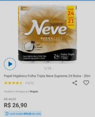 Papel Higiênico Folha Tripla Neve Supreme 24 Rolos - 20m - R$27