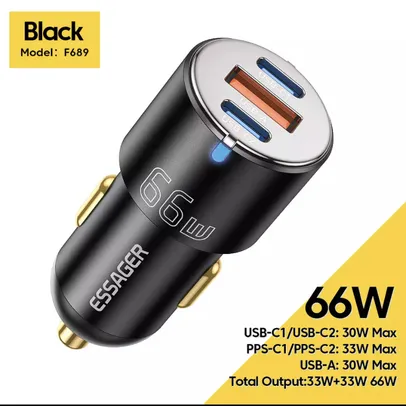 Essager Carregador USB para Carros, Carregamento Rápido de 65W, QC 3,0, PD 3,0, Tipo C