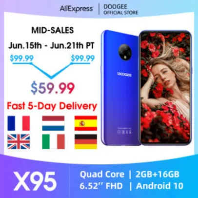 [R$: 33 | APP - SOMENTE 18/06 Às 04 hrs] Smartphone Doogee X95 6.52" 2GB 16GB 4350 mah Android 10