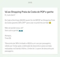 30% OFF em uma corrida 99 Pop (Vitória - ES)