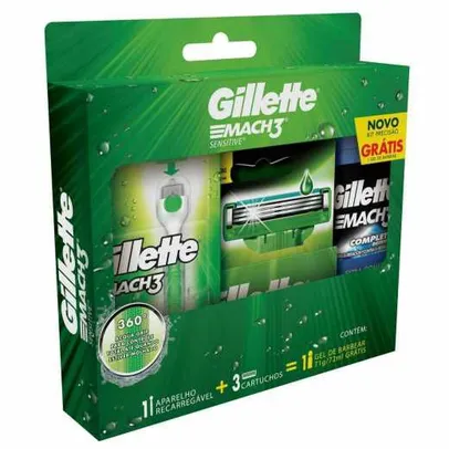 Kit Aparelho de Barbear Gillette Mach3 Acqua-Grip Sensitive com 1 unidade + 3 cartuchos + 1 Gel de Barbear com 72ml | R$30