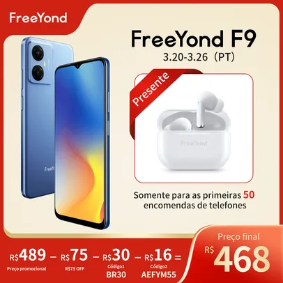 Versão global freeyond f9 smartphone 64gb 6.52 "hd + tela octa núcleo 13mp câmera dupla 5000ma