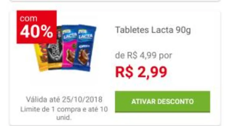 [Loja física] Barra de chocolate Lacta 90g  por R$ 2,99