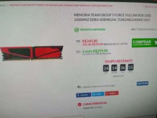 MEMORIA TEAM GROUP T-FORCE VULCAN 8GB (1X8) 2400MHZ DDR4 VERMELHA, por R$ 300