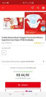 Fralda Descartável Huggies Turma Da Mônica Supreme Care Hiper M 80 Unidades R$ 45