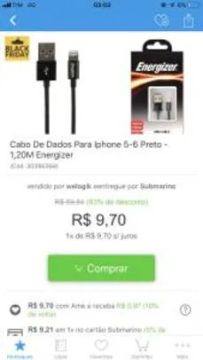 Cabo De Dados Para Iphone 5-6 Preto - 1,20M Energizer | R$10