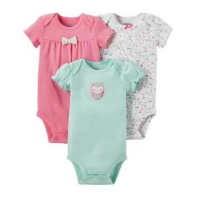 Conjunto com 3 Bodies Rosa, Branco e Verde Layette Child of Mine Made by Carter's - R$ 26,99