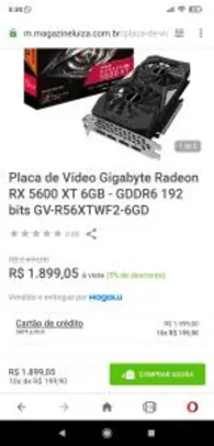 Placa de Vídeo Gigabyte Radeon RX 5600 XT 6GB - GDDR6 192 bits GV-R56XTWF2-6GD | R$1900