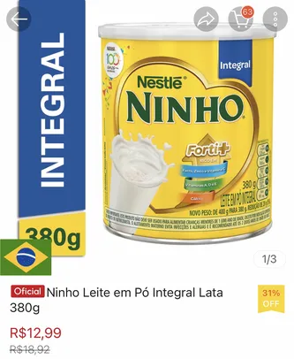 Leite em pó Ninho integral lata 380g