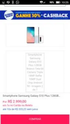 (cashback Carrefour R$2099) Samsung Galaxy S10 Plus 128GB