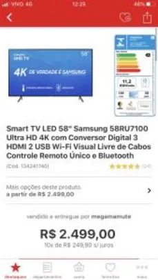 Smart TV LED 58" Samsung 58RU7100 Ultra HD 4K - R$2299