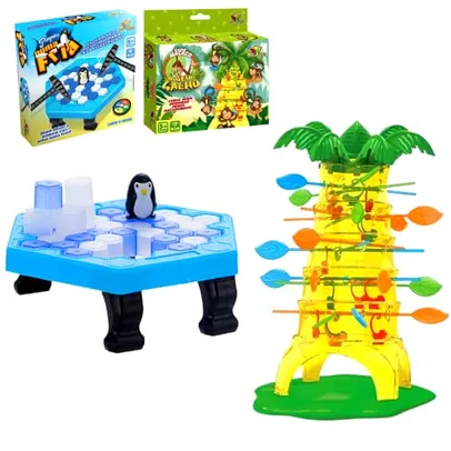 Kit 2 Jogos Brinquedo Pinguim Numa Fria Quebra Gelo Criança + Jogo Infantil Pula Macaco Cada Macaco no seu Galho Macaquinho