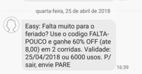 EASY TÁXI 60% em 2 corridas (até R$8)