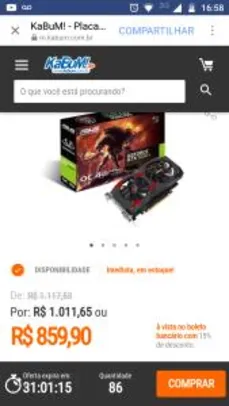 Placa de Vídeo VGA NVIDIA ASUS GEFORCE GTX 1050 TI 4GB GDDR5 CERBERUS-GTX1050TI-O4G 90YV0A74-M0NA00 - R$859