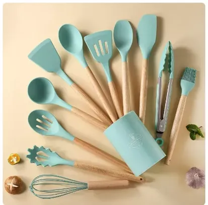 [12 PÇS] Conj. de Utensílios de Cozinha, Madeira/Silicone Resistente a Alta Temperatura/Antiaderente