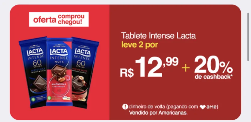 [2 por R$12,99 / AME R$10,39] Chocolate Meio Amargo Lacta Intense 60% Cacau Mix de Nuts 85g