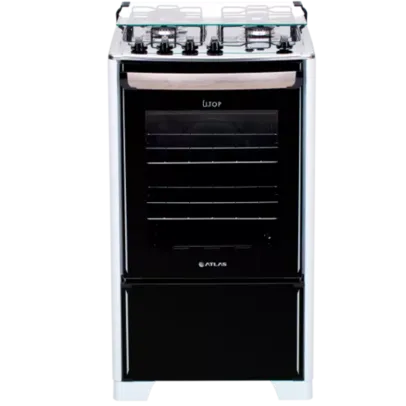 Fogão 4 Bocas Branco com Frente em Vidro Preto e Mesa Inox Atlas New U Top Bivolt