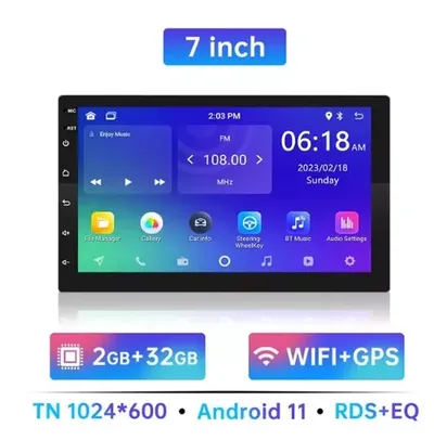 (Taxa Inclusa) Centro Multimídia para carro - Android 11, Wi-Fi, GPS, Áudio, 2 Din, 32GB, 7",