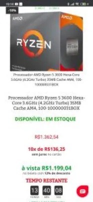 Saindo por R$ 1199: PROCESSADOR AMD RYZEN 5 3600 HEXA-CORE 3.6GHZ (4.2GHZ TURBO) 35MB CACHE AM4 - R$1199 | Pelando