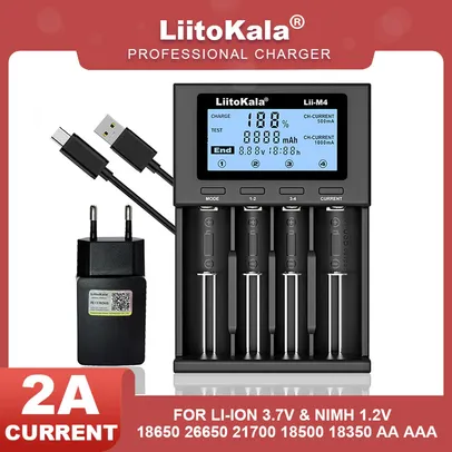 Carregador Smart Liitokala Lii-m4 para pilhas recarregáveis, conector Tipo C, tela LCD + Adaptador