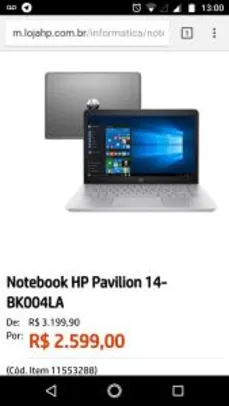 HP Pavilion 14-BK004LA Intel Core i5-7200U, Windows 10 Home, 8GB, HD 1TB, HDMI, Wireless, LED 14” - R$2599
