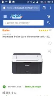 Impressora Brother Laser Monocromática HL-1202 - R$ 330