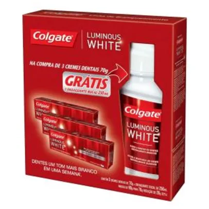 Kit Colgate Luminous White 3 Unidades de Creme Dental 70g + Enxaguante Bucal 250ml
