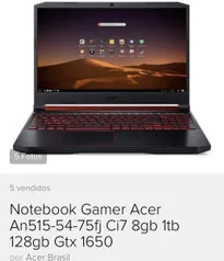 Acer Nitro 5 core i7 8Gb ram 128gb ssd gtx 1650 | R$5.299