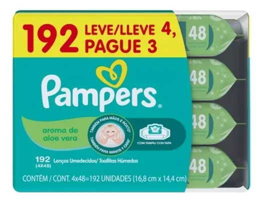 Kit com 4 Pacotes de Lenços Umedecidos com Aroma de Aloe Vera 192 Unidades Pampers