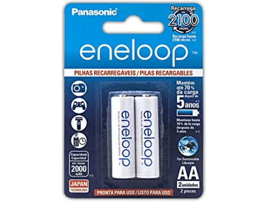 [PRIME] Pilha Recarregável Eneloop AA (Pequena), BK-3MCCE/2BB, Panasonic, Cartela com 2 unidades