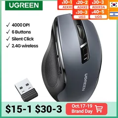 (Oferta às 21h) UGREEN Mouse Wireless Ergonomic Mouse 4000 DPI Silent 6 Buttons