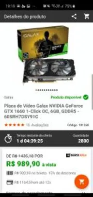 Placa de Vídeo Galax GeForce GTX 1660 6GB GDDR5 - 60SRH7DSY91C | R$990