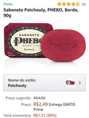Sabonete Patchouly, PHEBO, Bordo, 90g | R$2,50