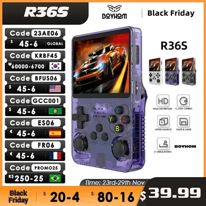 [Taxas Inclusas/Moedas] Console Portátil R36S Retrô 64GB, Tela IPS 3,5'' - + de 20 Emuladores