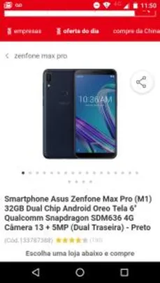 Asus Zenfone Max Pro (M1) 32GB Dual Chip Android Oreo Tela 6" Qualcomm Snapdragon SDM636 4G Câmera 13 + 5MP (Dual Traseira) R$748