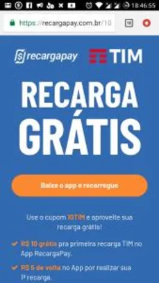 R$ 10 grátis pra primeira recarga TIM no App RecargaPay.