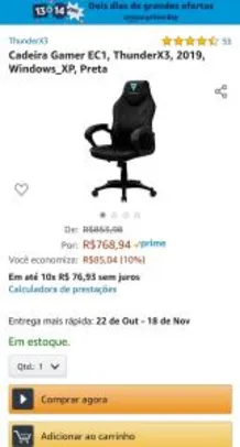 (Prime) Cadeira Gamer ThunderX3 EC1 em 10x s/juros R$769